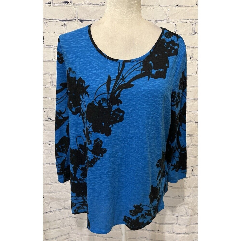 Chico's Knit Tunic T Shirt Navy Blue Floral Women's Boat Neck Top Size 1/M/8